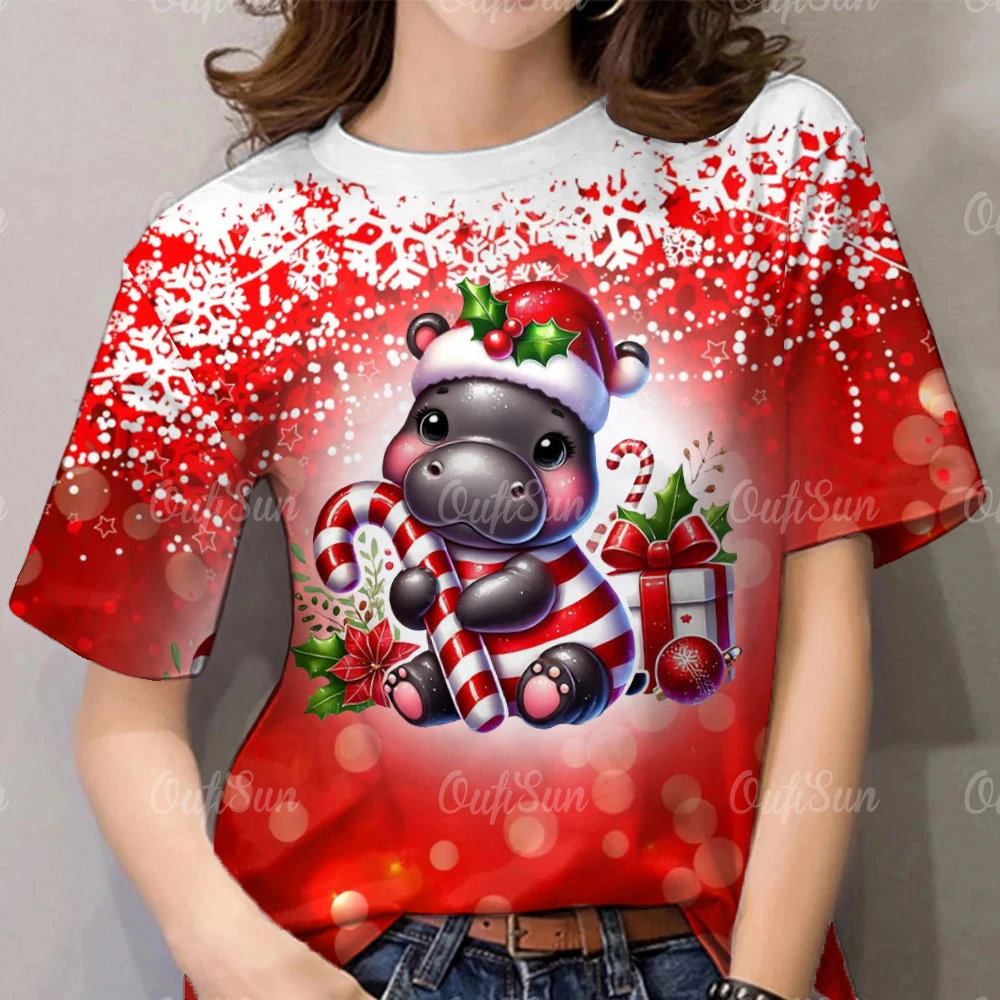 

Забавная рождественская футболка с бегемотом, мужская футболка с 3D принтом мышц, футболка с коротким рукавом, милая уличная одежда с графикой Moo Deng, унисекс, рождественские футболки с конфетами