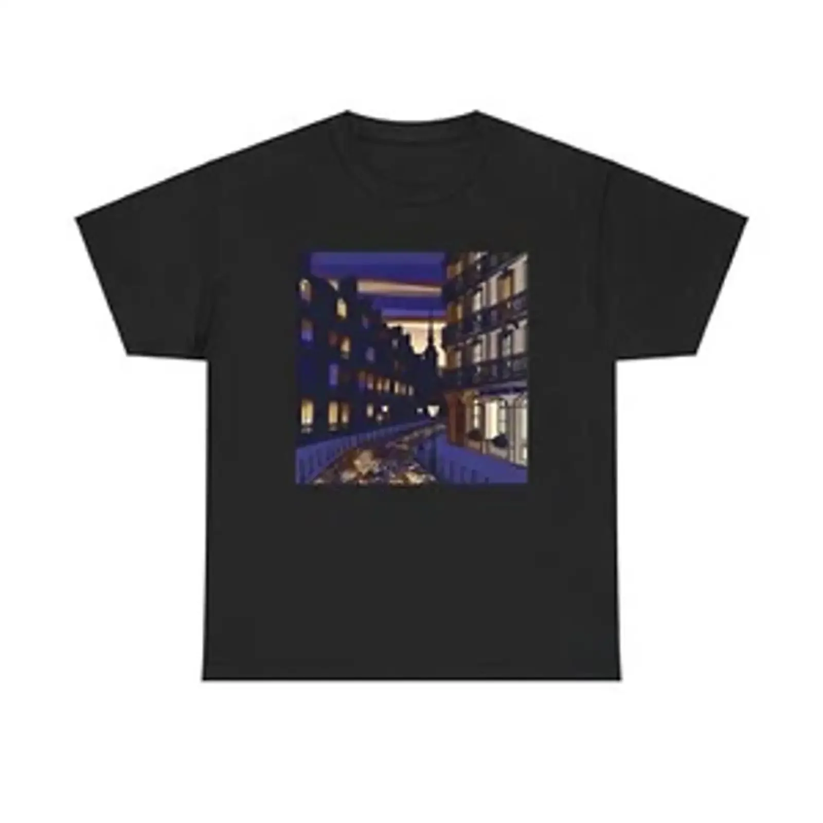 Adult T Shirt Vintage Style Cityscape Twilight Art Cobblestone Street vintage Washed graphic Casual homme fashion streetwear