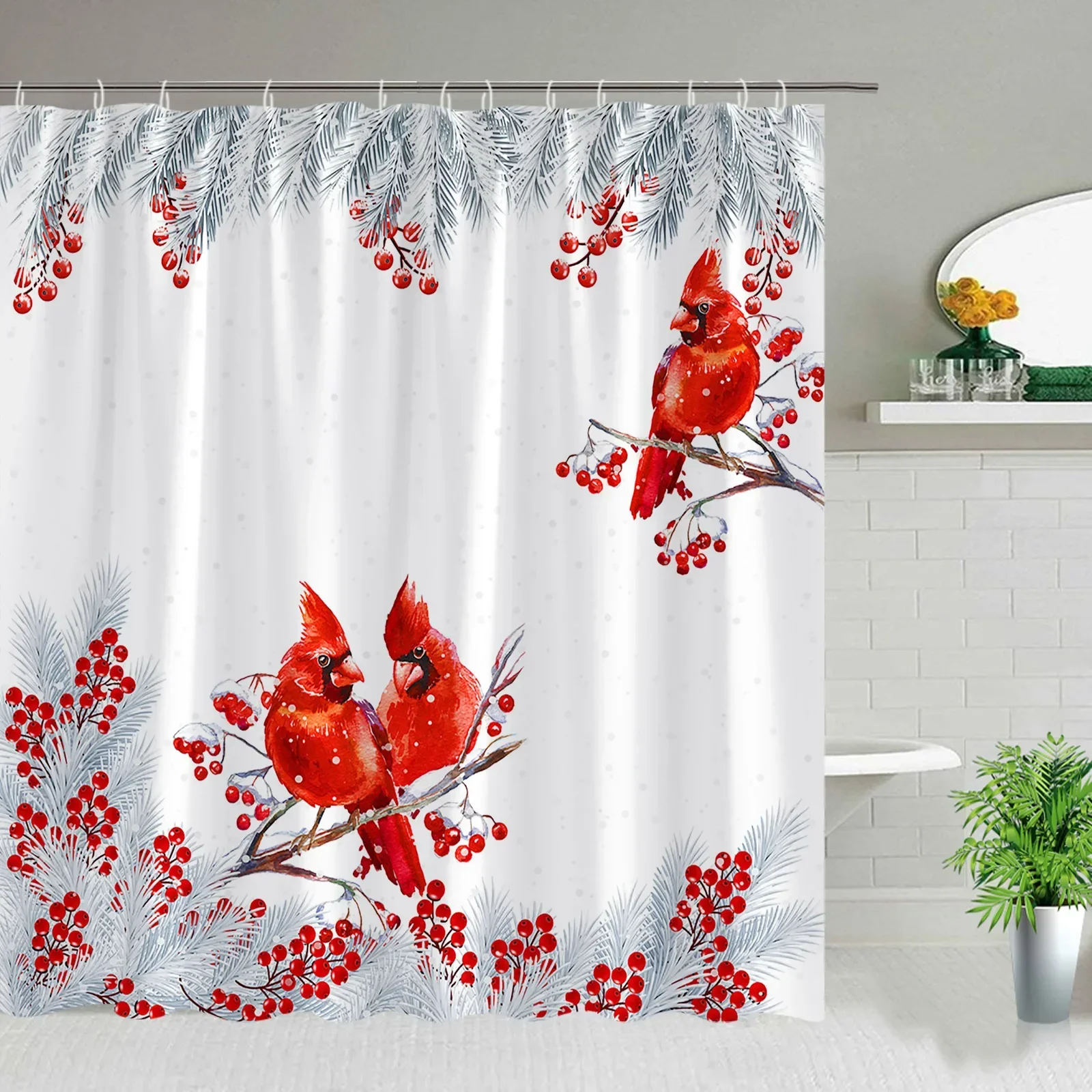 Merry Christmas Shower Curtains Red Xmas Ball Fir Snow Fabric Cloth Bathroom Curtain Set Bath Decor With Hook Polyester Washable