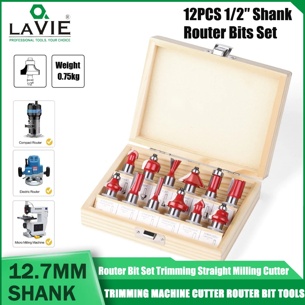 

LAVIE1/2 (12.7MM) 12PC Woodworking Milling Cutter Set Engraving Machine/bakelite Milling/trimming Slotting Cutter Head Set DIY