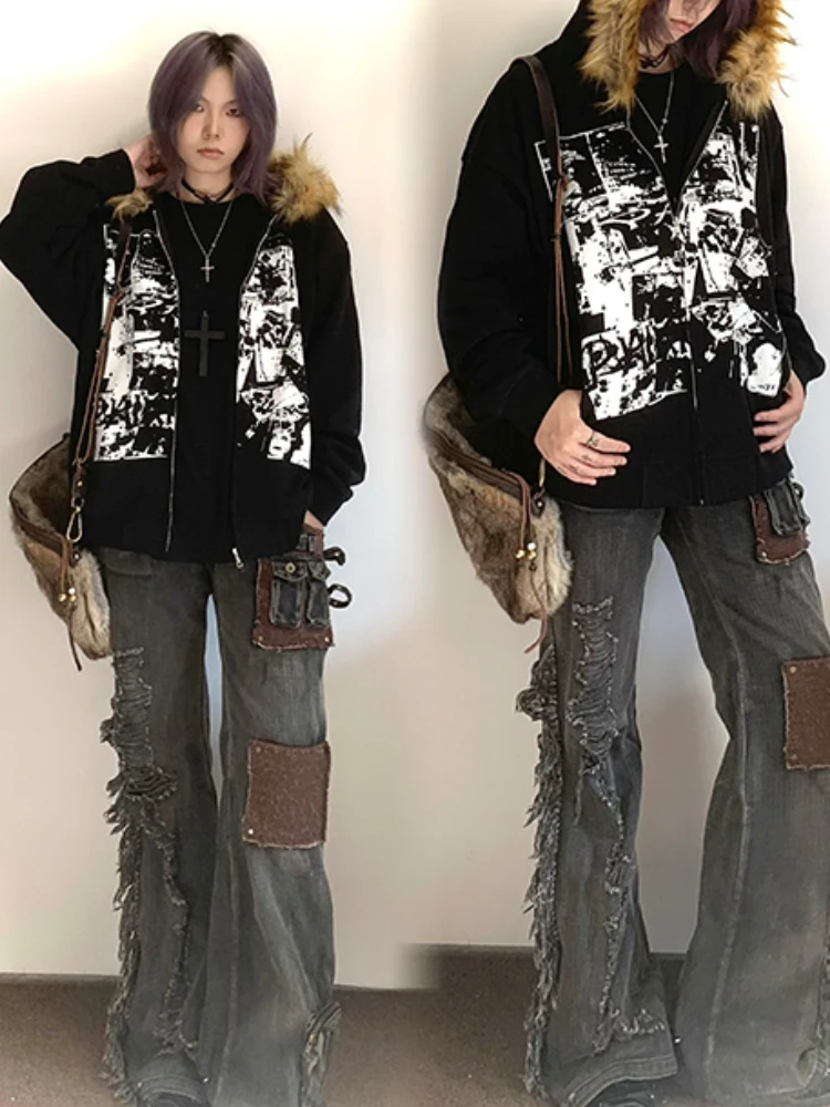 Subkulturní kabáty s kapucí, dámské gotické bundy Harajuku Y2k, americké vintage černé mikiny s umělou kožešinou a potiskem písmen - náhled 5
