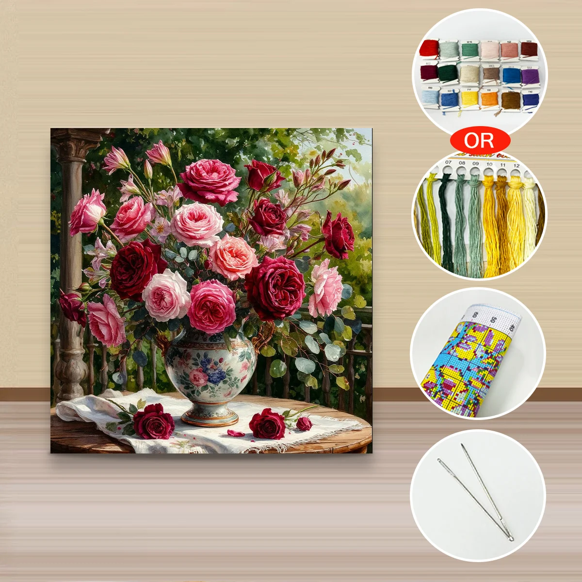 1 Stück 40x40 cm/15,74 Zoll, 11Ct/14Ct Kreuzstich-Set, DIY Valentinstagsgeschenk, Stickerei-Set für Festlichkeiten, Rosen in Porzellanvase – Detail 2