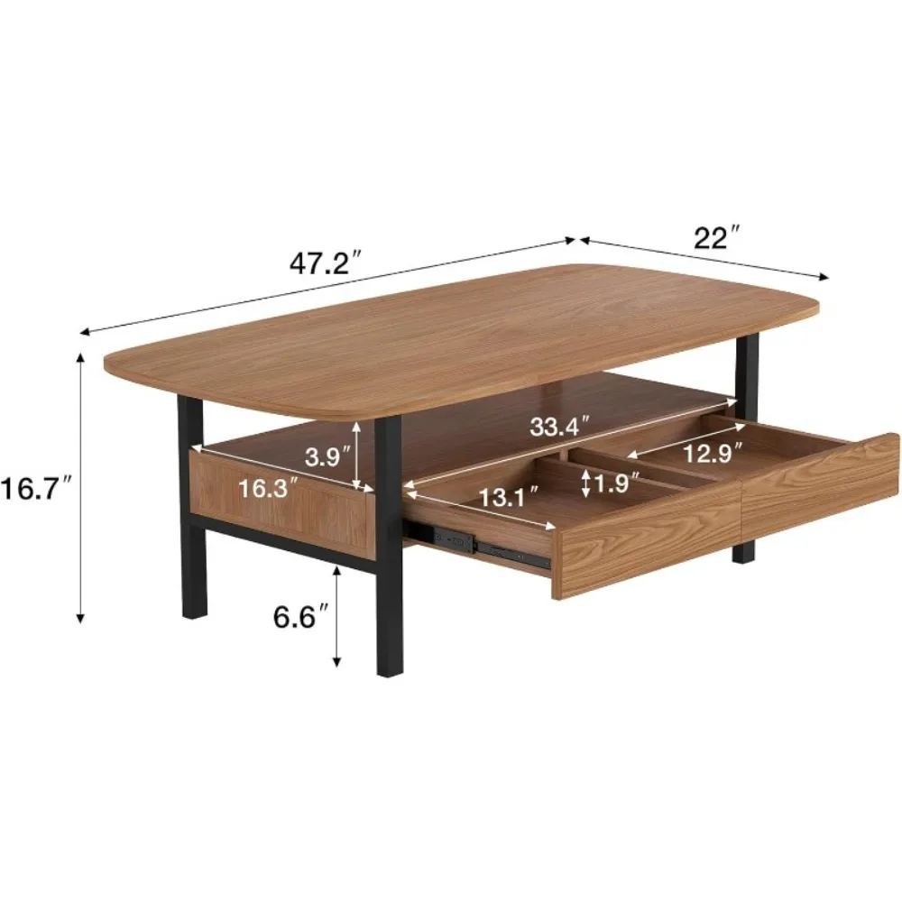 طاولة قهوة بأدراج ورف مفتوح، طاولة مركزية لغرفة المعيشة الحديثة مقاس 47 بوصة مع زوايا مستديرة، طاولة شاي للتخزين