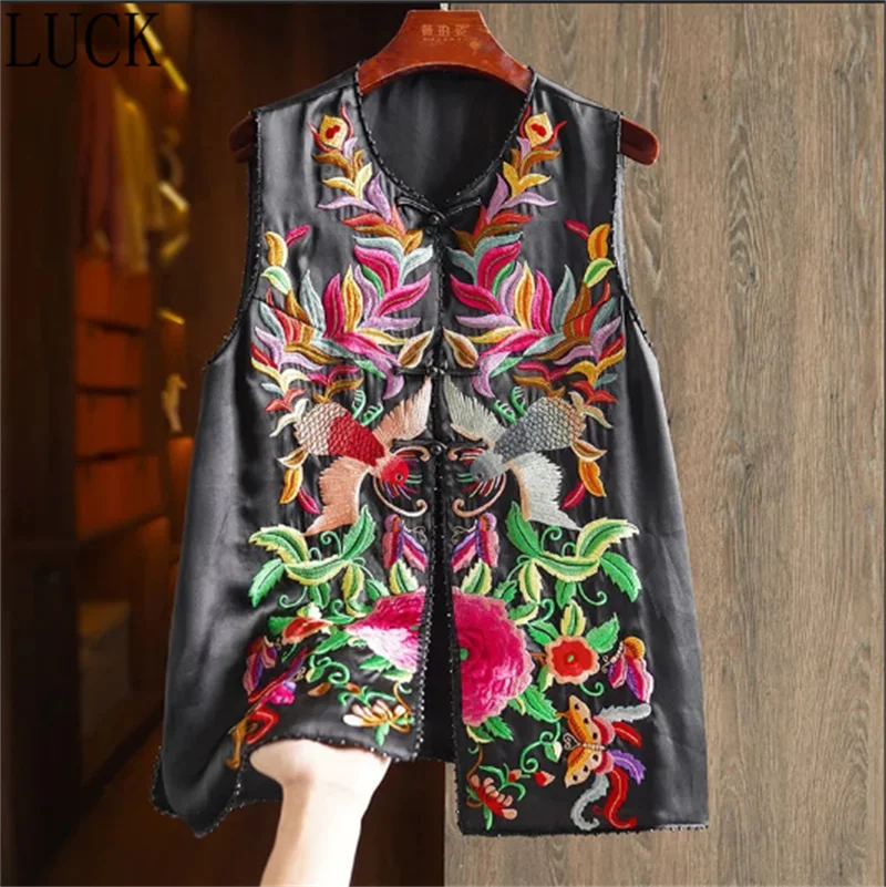 

Vests for Women Retro Buckle Fashion Vest Vest Women's National Tide Embroidery Beading High-end Mulberry Silk Chinese Jacket