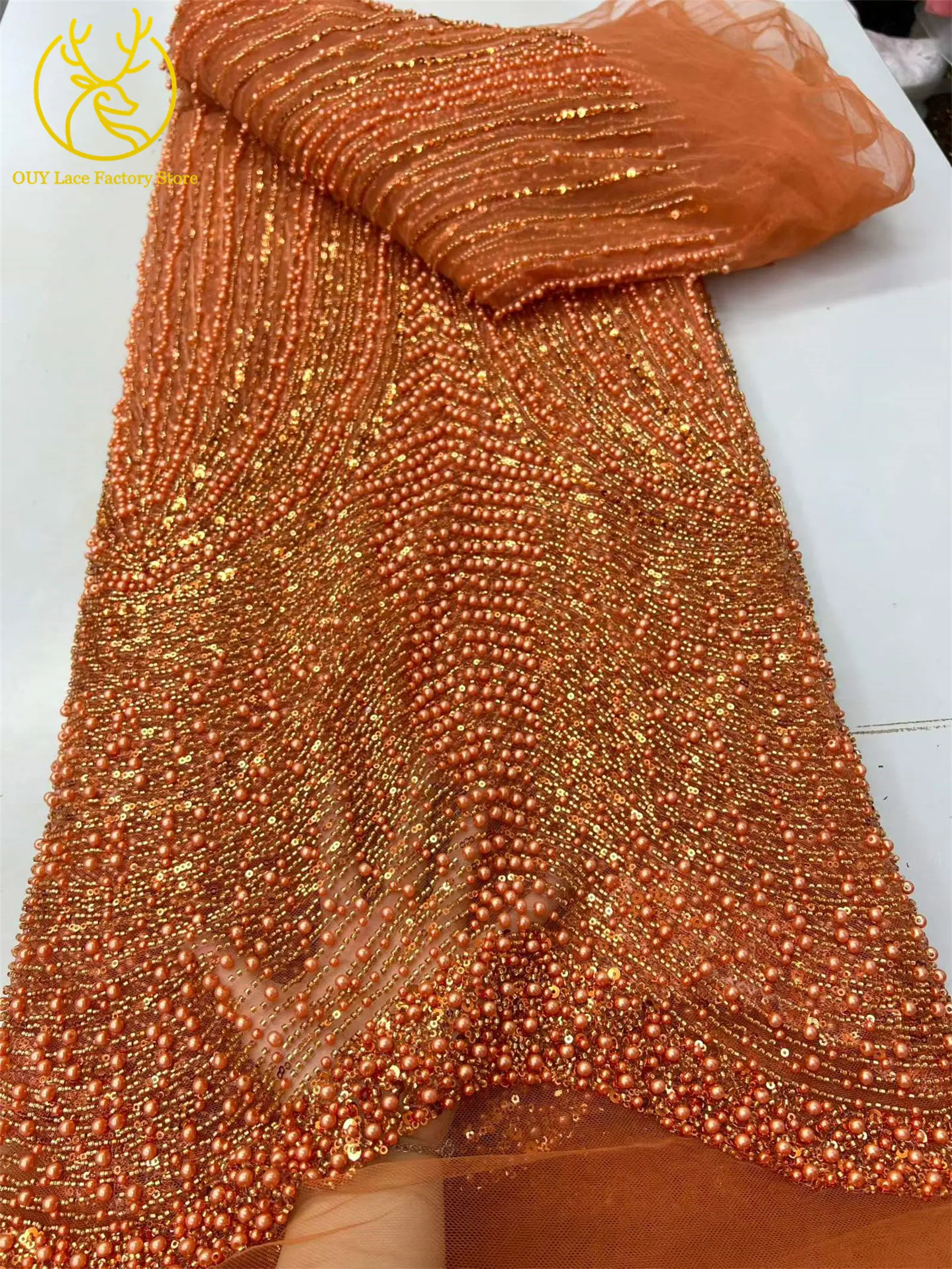 Rosa afrikanischer Perlen-Spitzenstoff 2026, eleganter französischer Pailletten-Spitzenstoff, modischer nigerianischer Tüll-Spitzenstoff für Partykleider – Detail 7