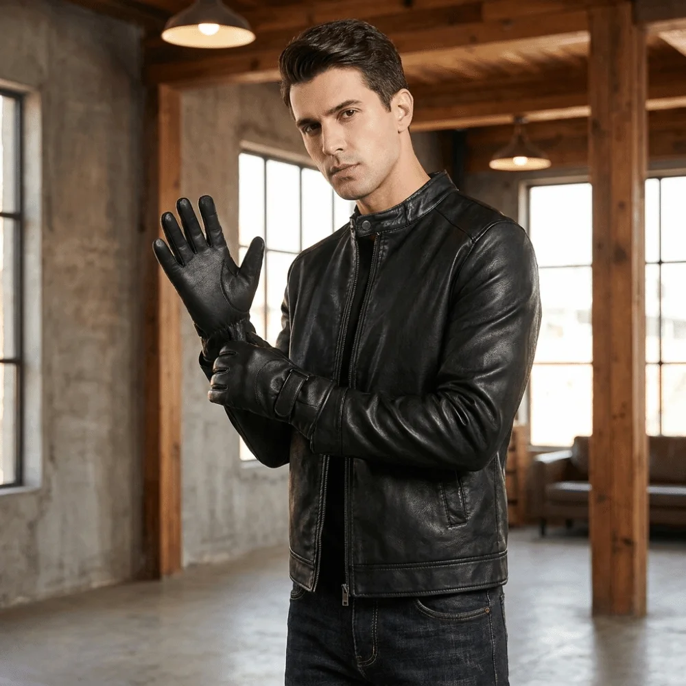 Faux Leather Winter Men Gloves Thick Fleece Lined Waterproof Touchscreen Gloves Non-Slip Adjustable Cuff Strap Motorcycle Gloves