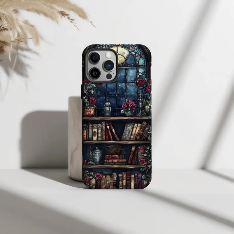 Dark Academia Bookshelf Stained Phone Case For IPHONE 16 15PRO MAX 14 13 12 11 Acrylic TPU Two in one magnetic Phone Cases