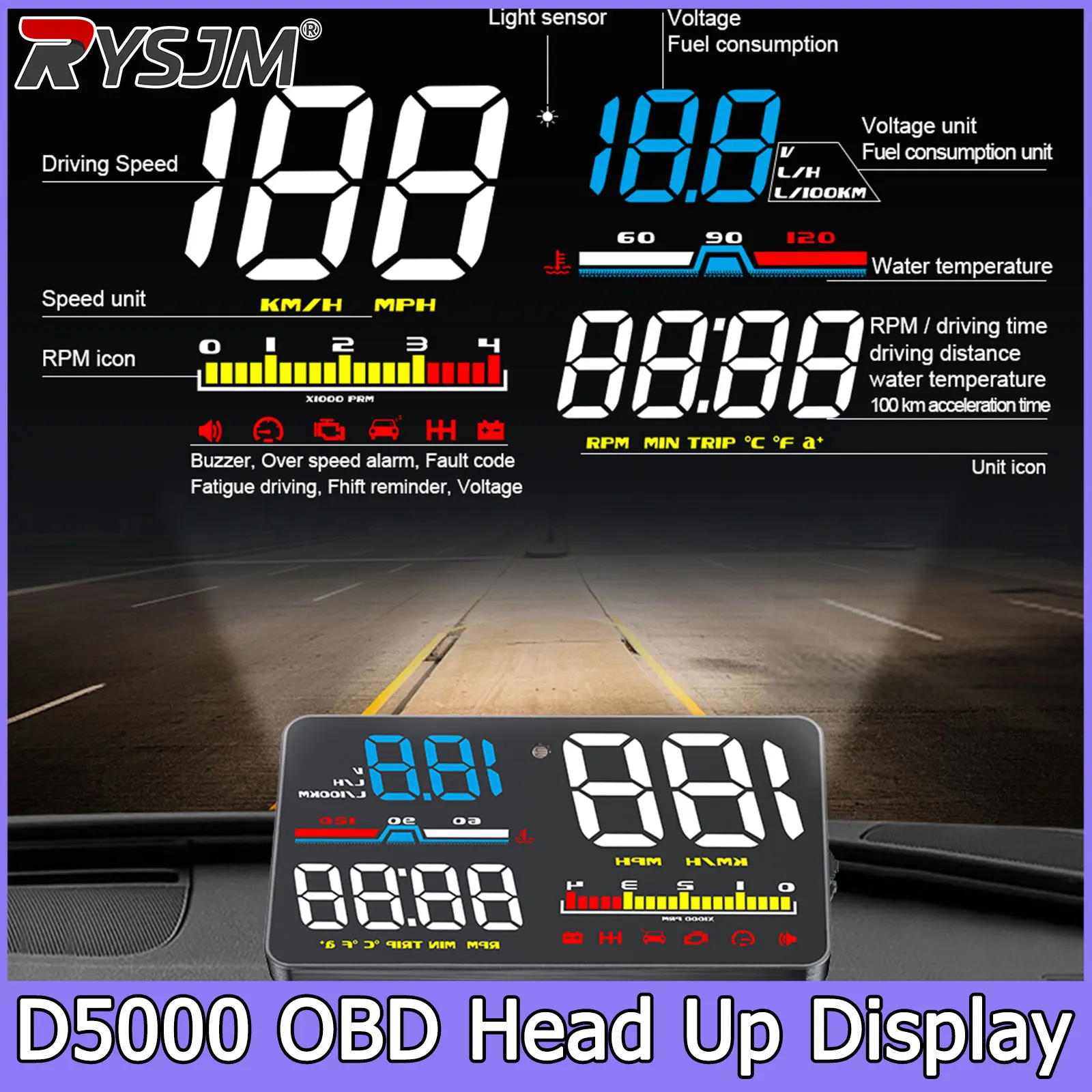 Car Head Up Display D5000 OBD2 Diagnostic Tool HUD Digital Security Alarm Speedometer Windshield Screen Projector Tachometer