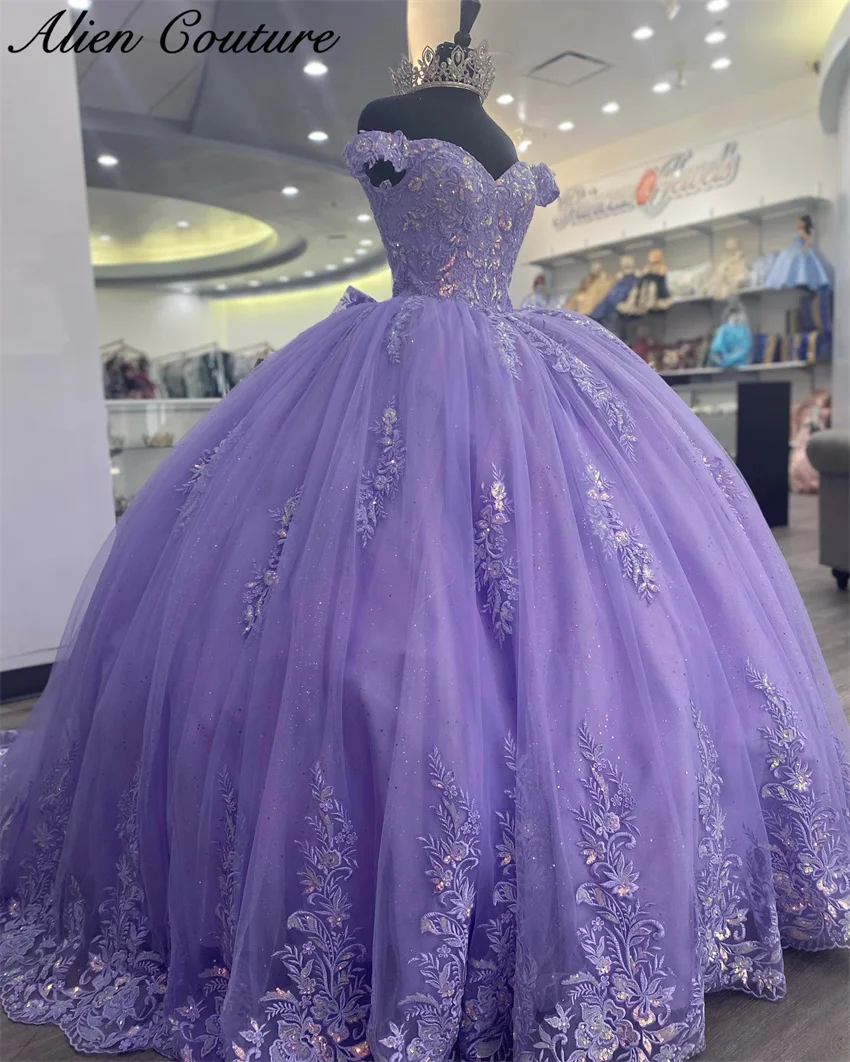 

Потрясающее фиолетовое милое платье принцессы 16 Quinceanera, бальное платье с блестками и аппликацией с бантом, платье для 15 лет