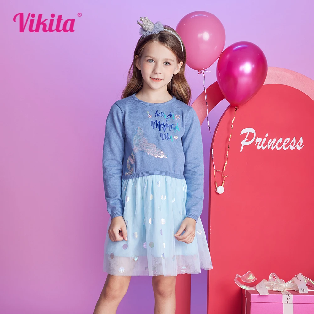 VIKITA Girls Knitted Dress Kids Mermaid Sequined Appliqued Sweater Dress Girls Patchwork Polk Dot Autumn Winter Blue Dresses