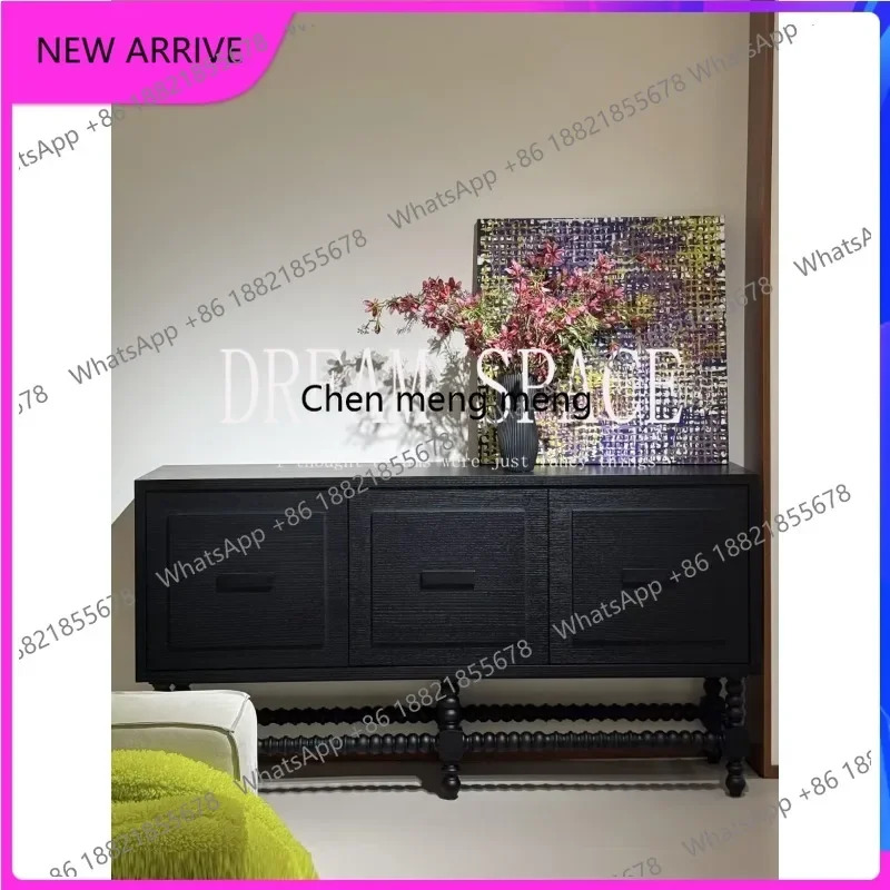 

French medieval solid wood black dining side cabinet, porch cabinet carved 3 doors, locker household