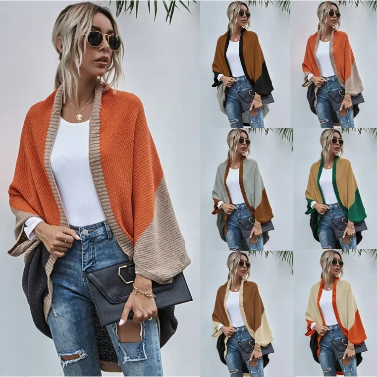 Cloak Long Cardigan Knit Sweater Women Jumpers Colorblock Spring Autumn Winter Maxi Coat Soft Coat Long Knitted Jacket Cardigan