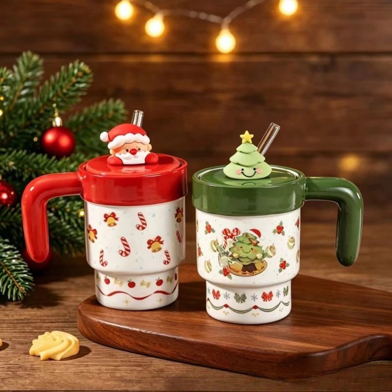 Santa Claus Snowman Ceramic Coffee Mug with Lid Exquisite Afternoon Tea Flower Tea Coffee Cup Household Breakfast Milk Mug Gifts