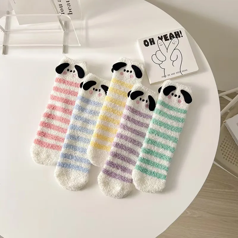 5 Pairs Sanrio Winter Socks Women's Long Stripe Cute Floor Sleep Thick Girls Cartoon Warm Sock For Women Coral Sweat Socks Girls