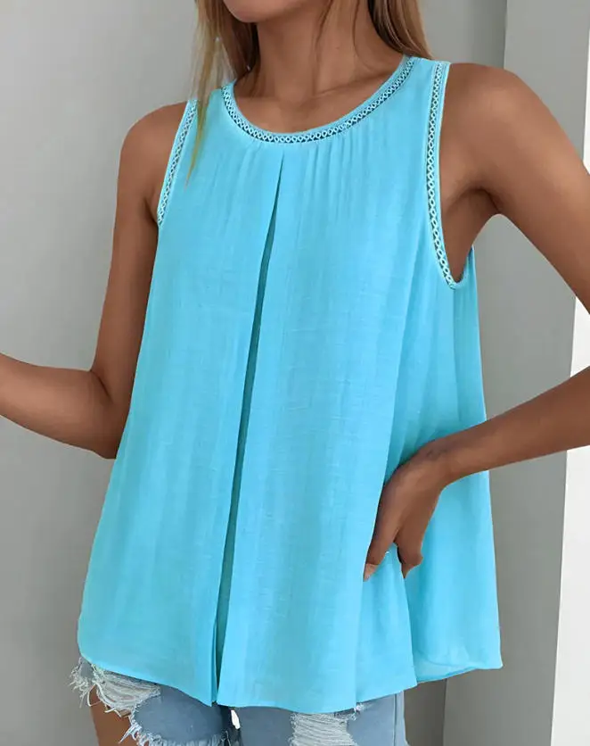 

Women Vest 2026 New Spring Summer Solid Color Slit Hollow Out Round Neck Sleeveless Loose Fake Two Piece Casual Tank Top