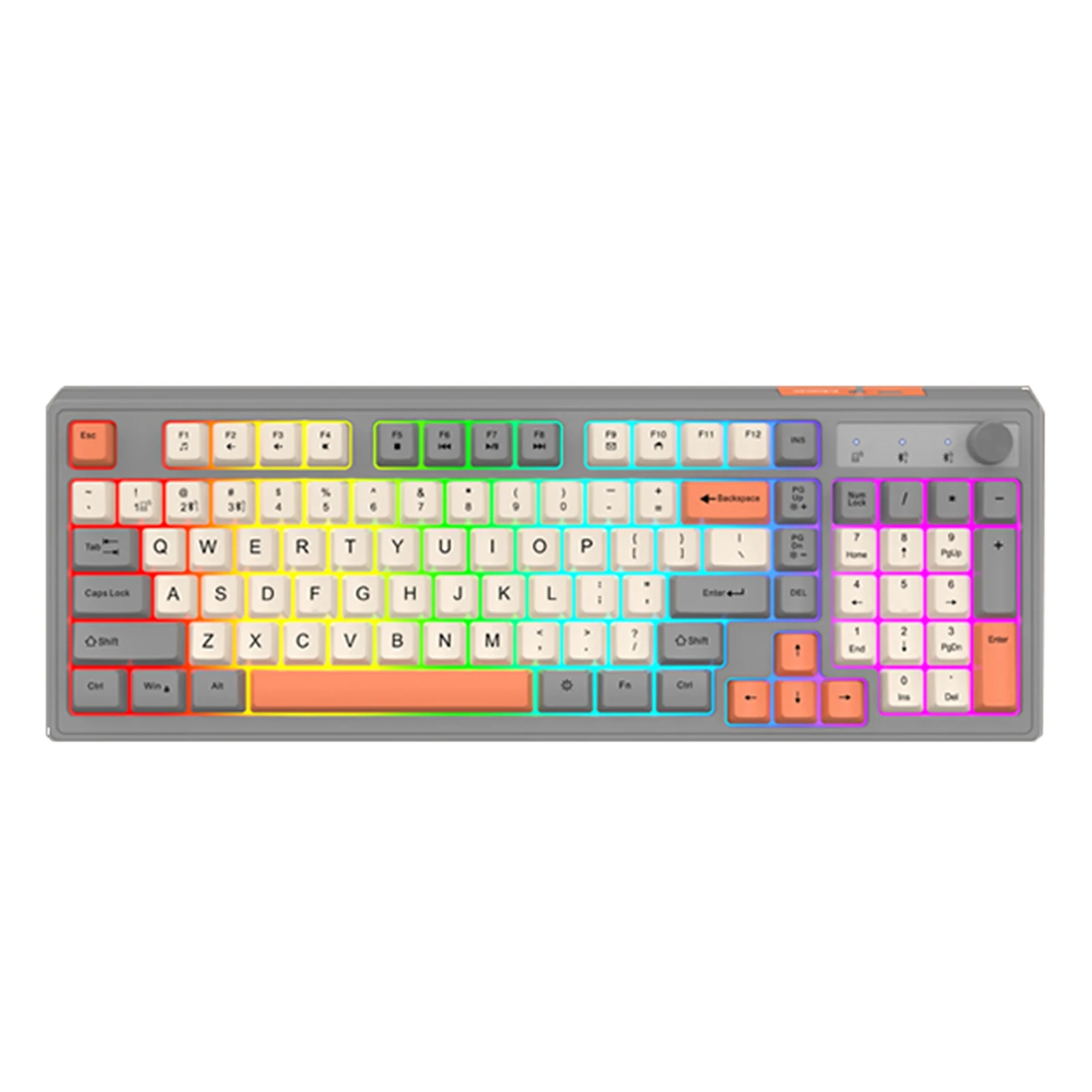 Teclado sem fio 2.4G Teclado mecânico BT de 98 teclas com teclado recarregável retroiluminado com botão de controle de volume para computador