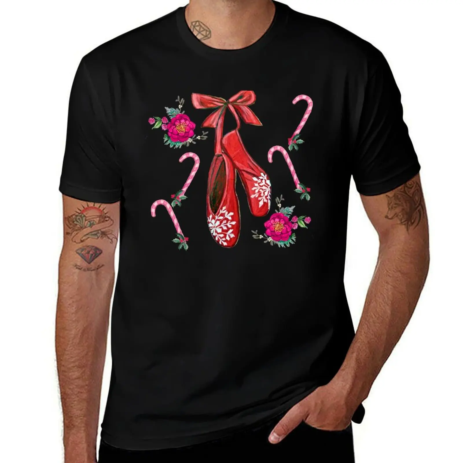 

Christmas Ballet shoes with candy canes, Poinsettia , mistletoe and snowflakes T-Shirt blue lock black t-shirts for men