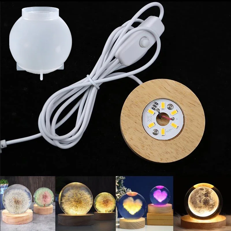 Round Wooden LED Light Lighted Base Epoxy Resin Mold Silicone 3D Ball Shape Crystal DIY Crafts For Home Resin Art Ornament