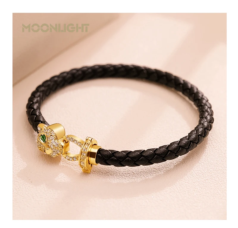 MOONLIGHT Classic Design Exquisite Cheetah Zircon Bracelet for Women Braided Leather Bracelet Quality Banquet Couples Gift