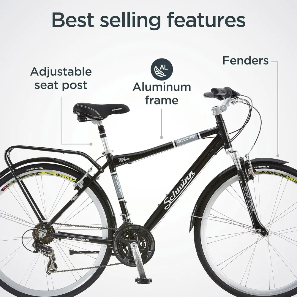 Discover Adult Hybrid Bike for Men and Women, 700c Wheels, 21-Speeds, Step-Through or Step-Over Frame, Front and Rear Fenders