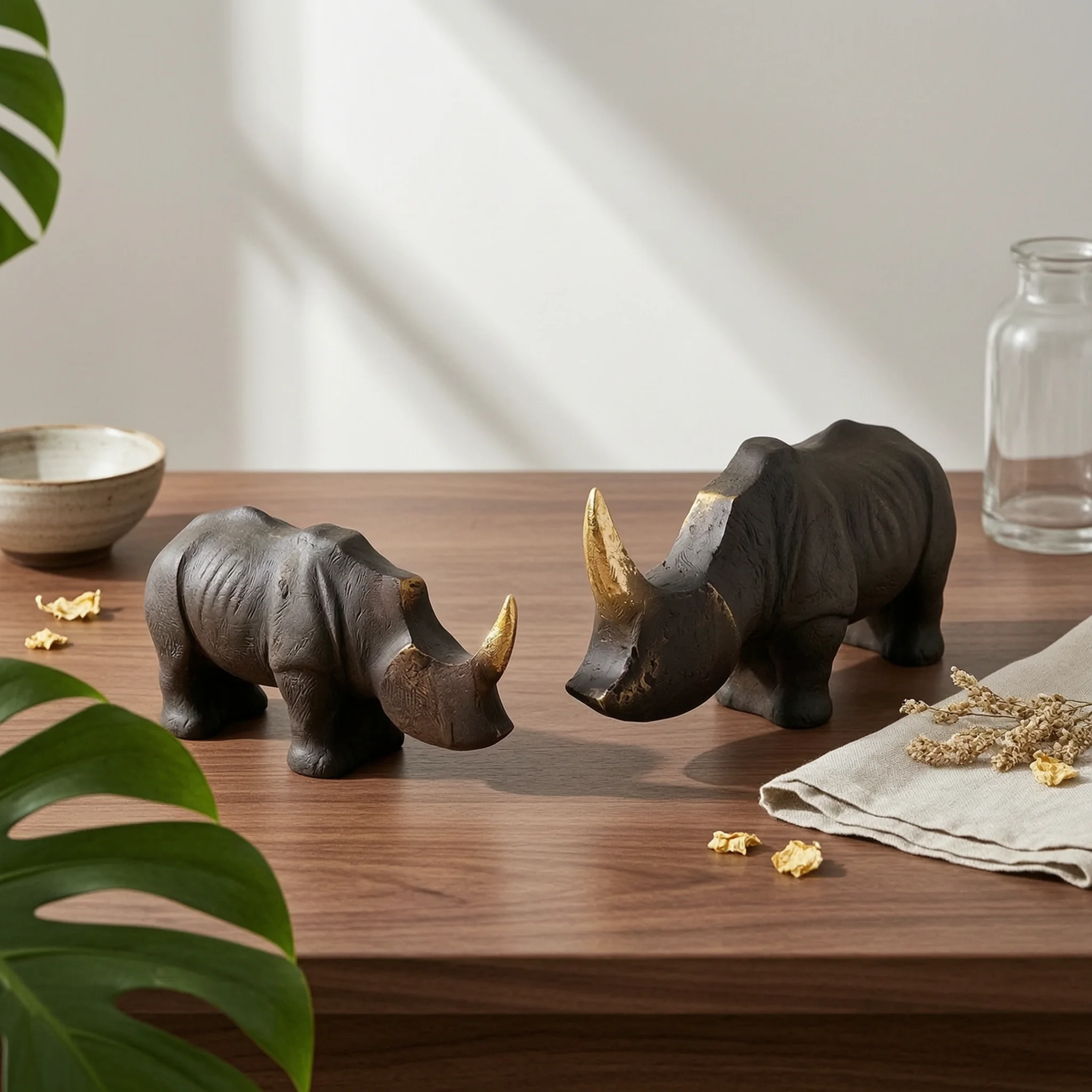 Rhino Sculpture Geometric Rhino Statue Sculpture with Gold Tusk Rustic Rhinoceros Statue Small for Art Collectors, Tabletop