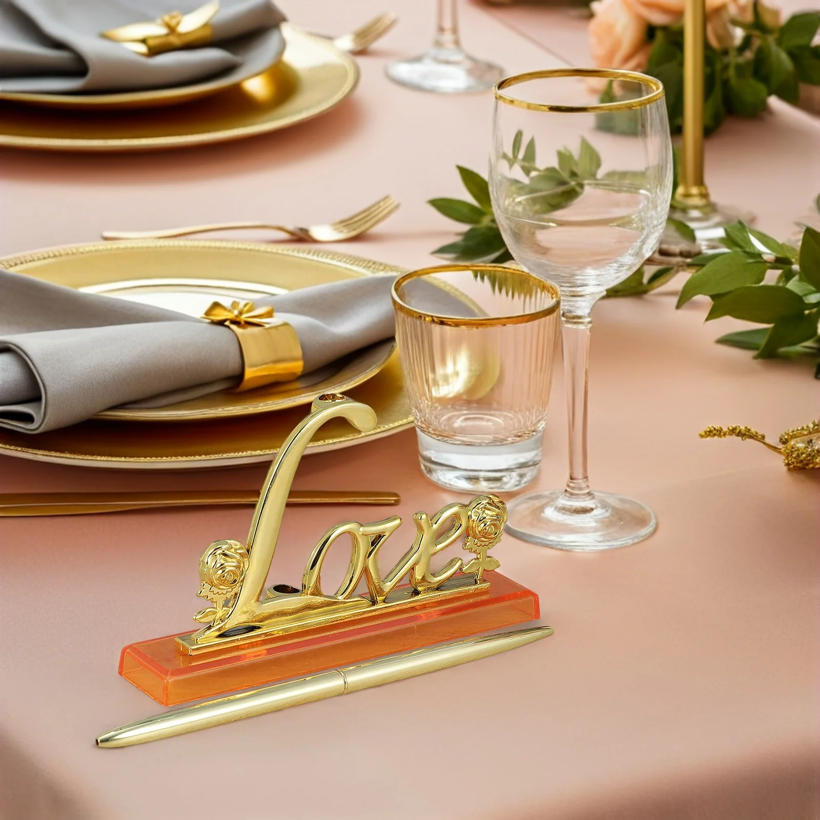 

1 Set Golden Wedding Signing Rose Love Decor Metal Guestbook Pen For Bridal Shower Reception Table Decorative Elegant