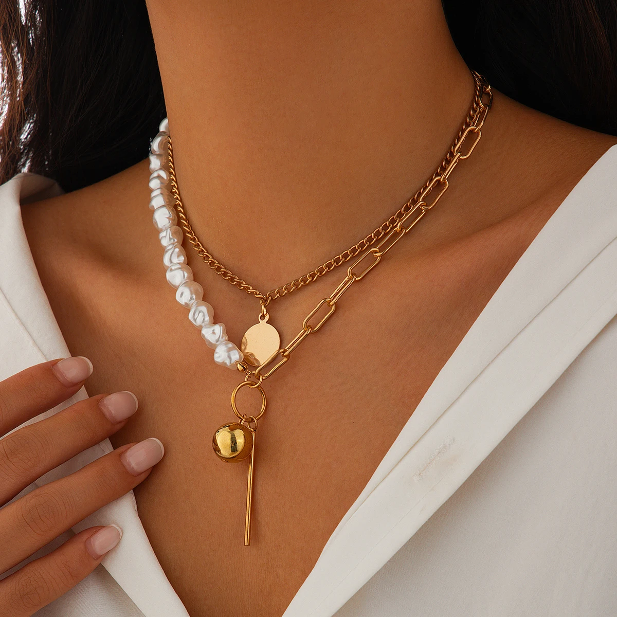 IngeSight.Z Gold Color Small Ball Round Disc Pendant Necklace Women Charm Elegant Imitation Pearl Link Chain Choker Jewelry