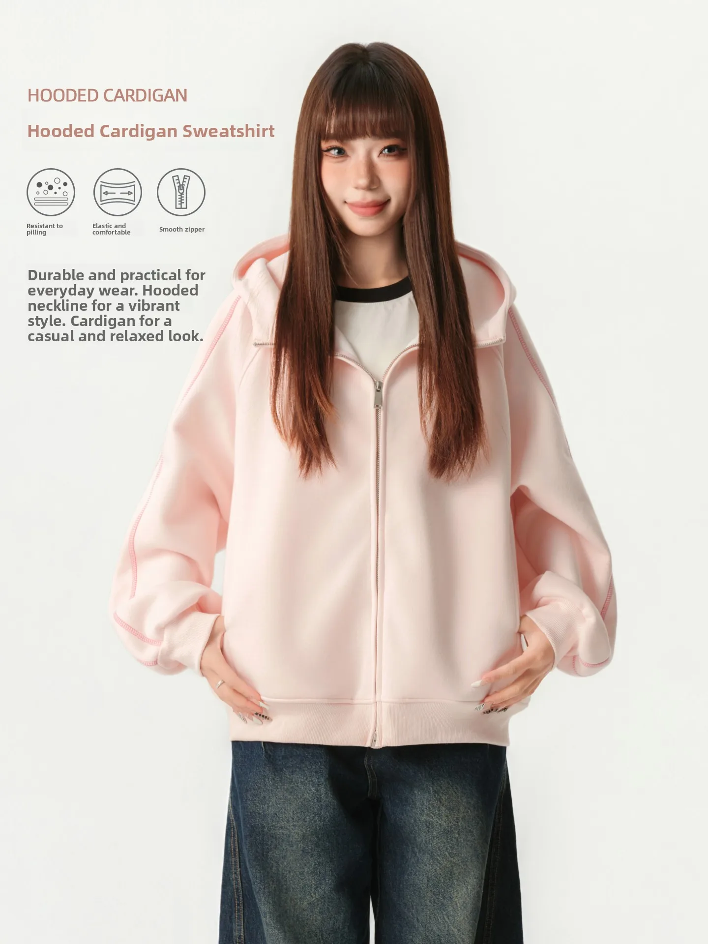 

Американская толстовка-худи на молнии для женщин, свободный спортивный кардиган, топ из смесового хлопка и полиэстера с длинными рукавами