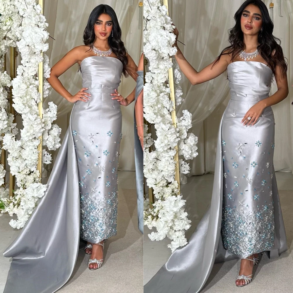 Exquisite Strapless Sheath Prom Dresses Rhinestone Watteau Paillette / Sequins Taffeta Anke length Evening vestidos