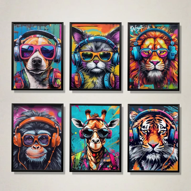 

Animal Wearing Sunglasses and Headphones Funny Wall Art Canvas Painting Graffiti Posters and Prints For Child Room Home Decor