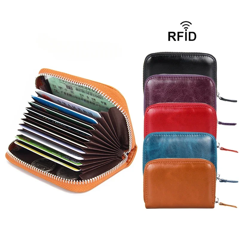 

The First Layer of Oil Wax Cowhide RFID Anti-theft Brush Organ Card Holder Multi-card Position Leather ID Card Holder