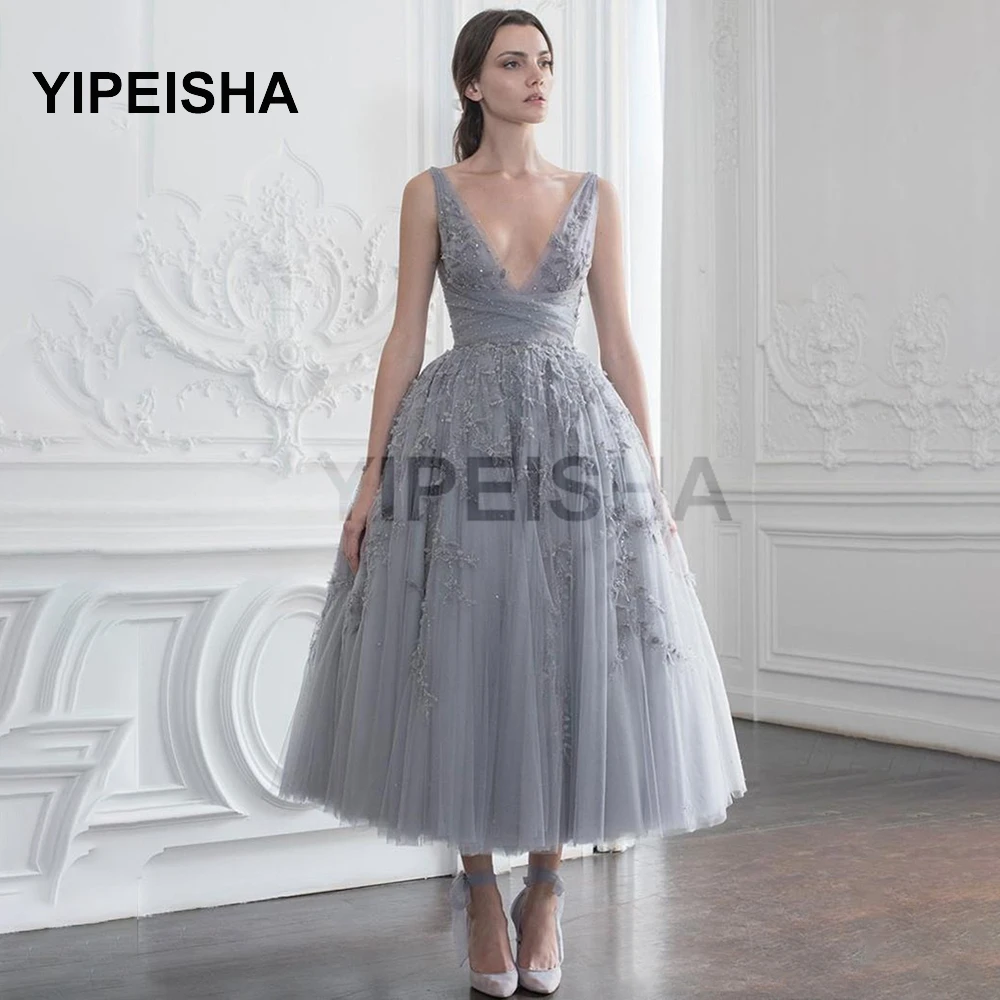 Customized Grey Evening Dresses Short Beading Dress Elegant Prom Gowns Vintage Formal Dress Party Robe De Soiree