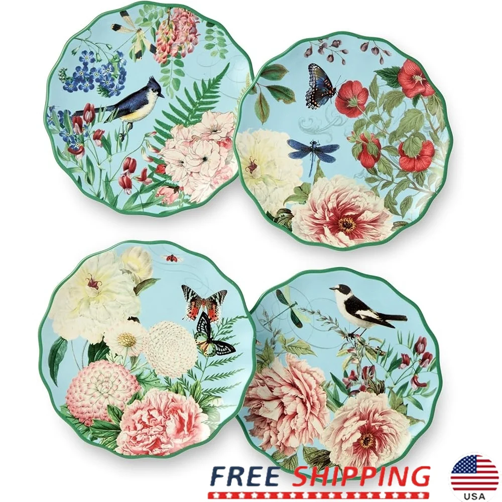 

Flora Ceramic Canape Plate Set of 4 Floral Design 6 Inch Appetizer Plates Butterfly Dragonfly Durable Lightweight Perfect