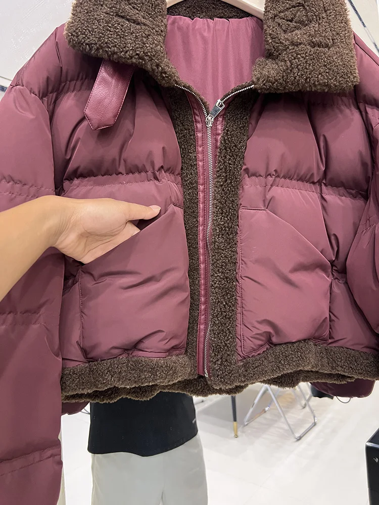 2025, neue Lamm-Daunenjacke für Damen, kurzer Stil, koreanische Ausgabe, Kapuzenpullover, abnehmbar, locker, modisch, vielseitig, weiße Entendaunenmantel