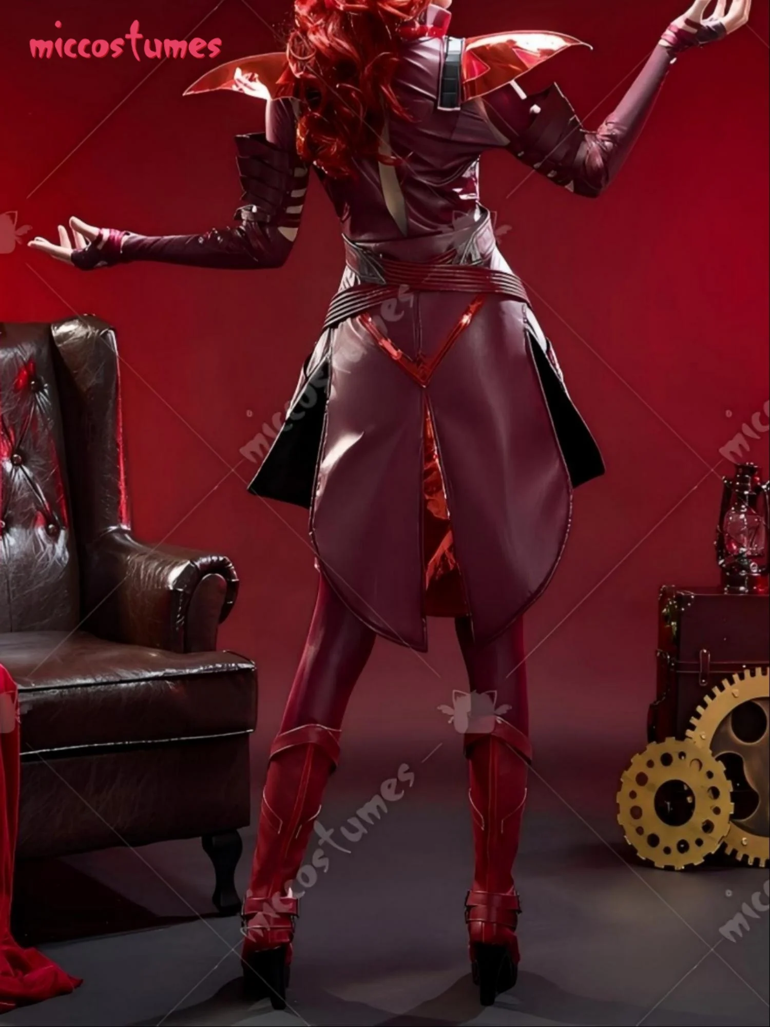 Miccostumes Women's Red Witch Cosplay Costume Top and Pants with Shoulder Armor and Choker for Halloween - view 5