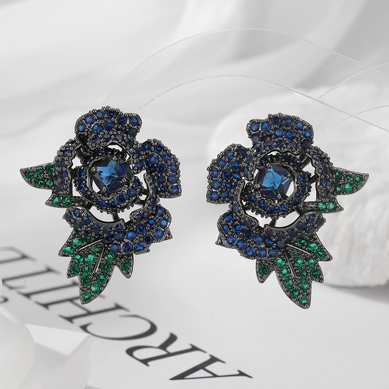 

SENYU Blue CZ Stone Rose Flower Large Studs Beautiful Wedding Dubai Exquisite Jewelry Bride Leaf Earrings