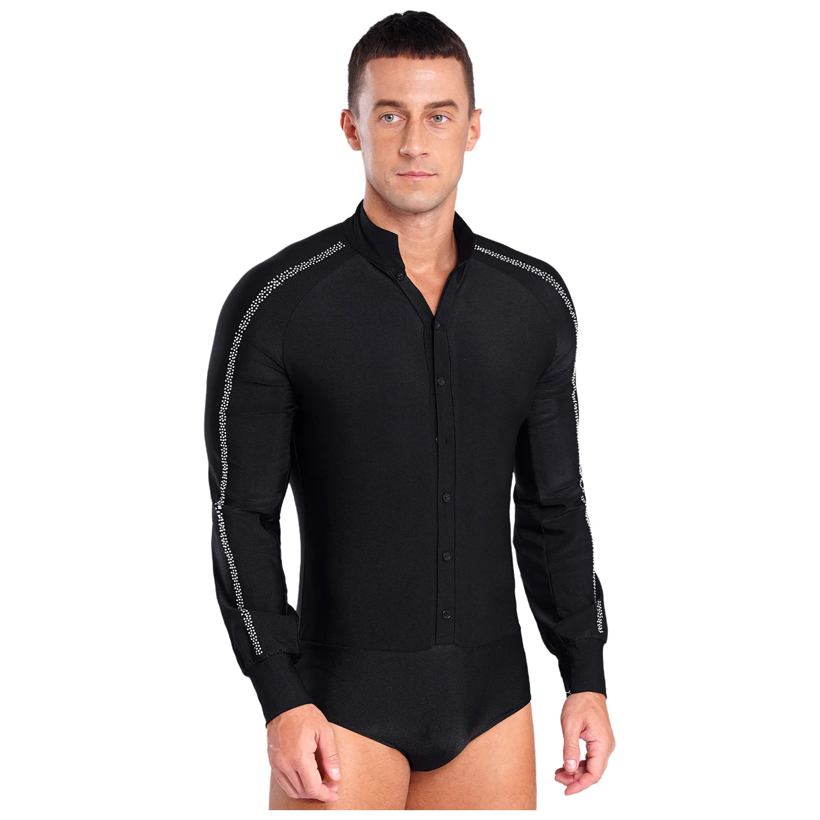 Camisa de dança latina masculina ginástica collant bodysuit strass tango rumba dança de salão camisa superior traje de halloween roupas