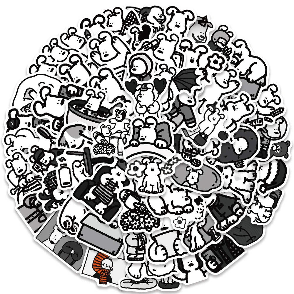 62pcs Black White Ins Puppy Stickers Cute Cartoon Dog Decal DIY Handbook Journal Luggage Bottle Skateboard Decorative Stickers