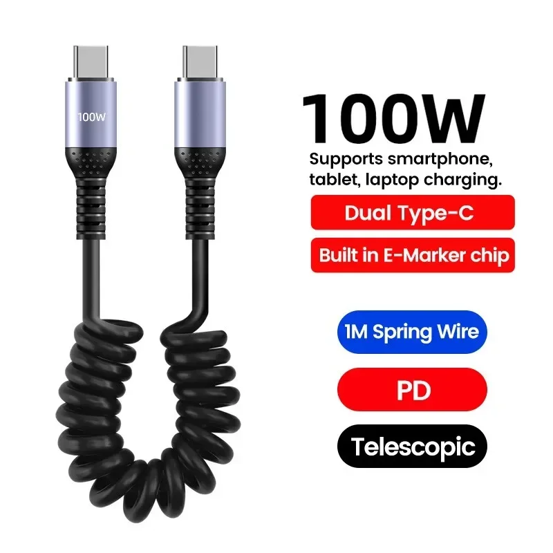 20CM To 1M Car Spring Cable 66W Short Fast Charging Wire Type C TO Type C Cable For iPhone 17 Huawei Xiaomi Samsung USB C Cable