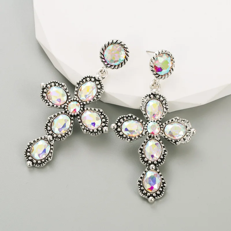Cross-border fashion new exaggerated temperament cross earrings women's alloy glass diamond earrings earrings wholesale