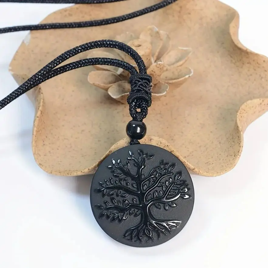 

Подвеска из натурального обсидиана с резным деревом жизни, целебный кристалл, мужское и женское нефритовое ожерелье, 1 шт.