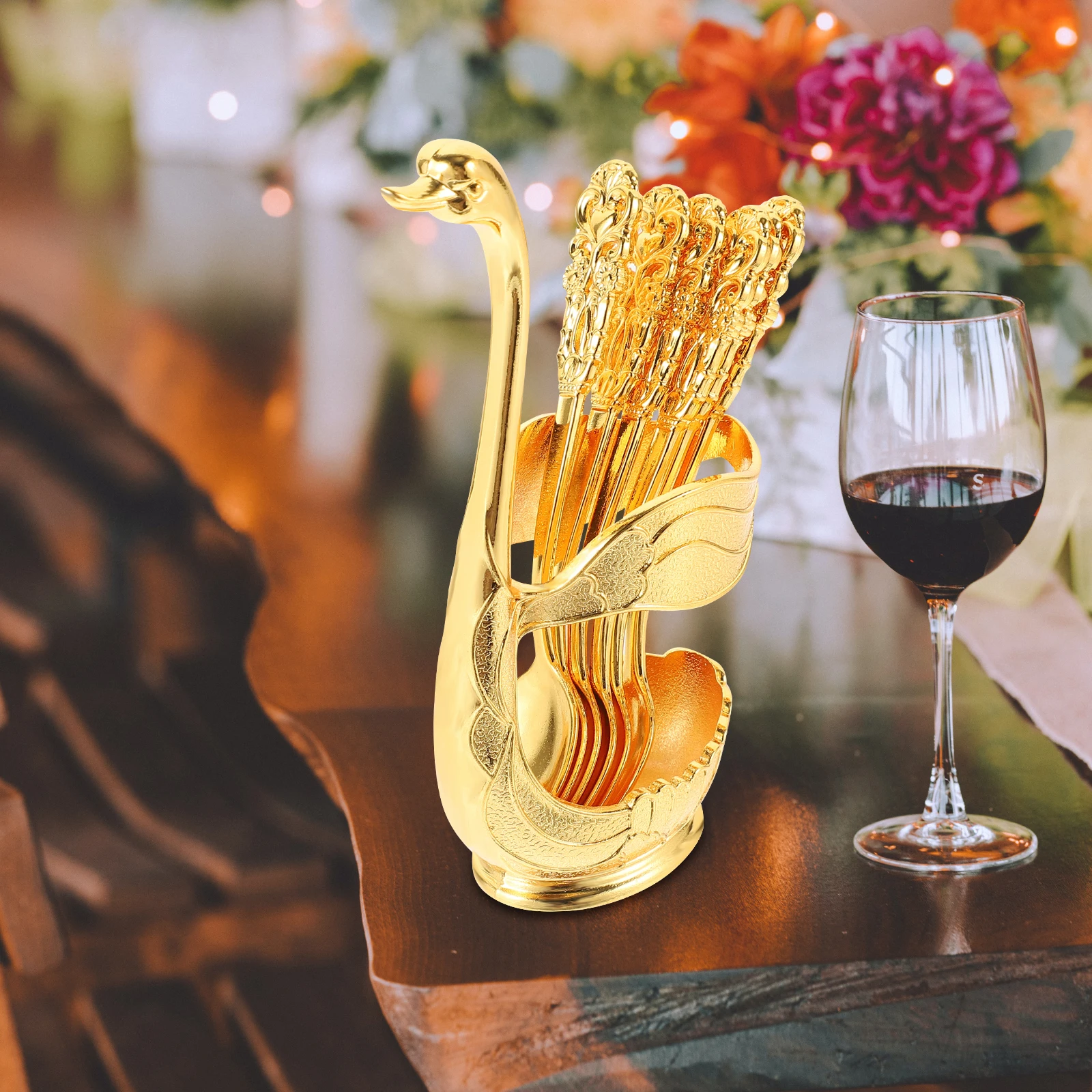 

Metal Swan Spoon Fork Set Dessert Elegant Spoons Cake with Storage Holder Coffee Organizer Alloy Eating