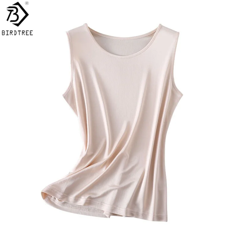 Birdtree, 100% Real Silk Tank Soft Top, Woman Basics Knitted Tops, O-neck Sleeveless Chic Vest, 2026 New, White, Black T62311JF