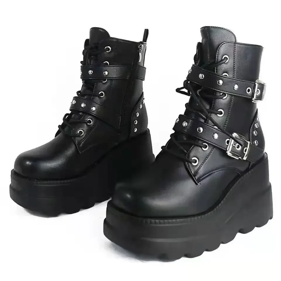 Neue frauen Pu Leder Stiefeletten Frauen Herbst Winter Runde Kappe Lace Up Schuhe Frau Motorrad Plattform Botas Gothic Schuhe – Detail 18