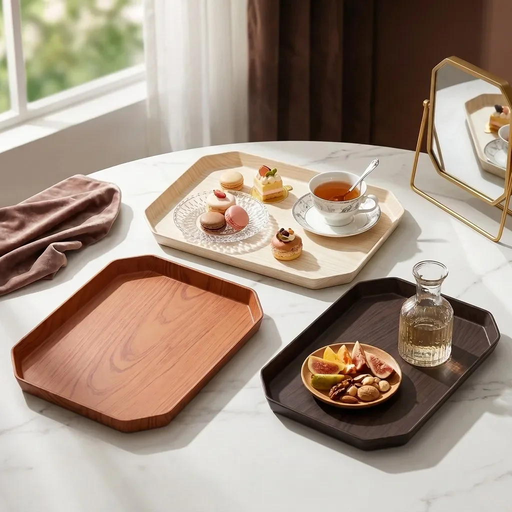 Stackable Plastic Serving Tray Wood Grain Rectangular Decorative Fruit Food Plate Dishes Tea Trays For Eating Kitchen Tableware