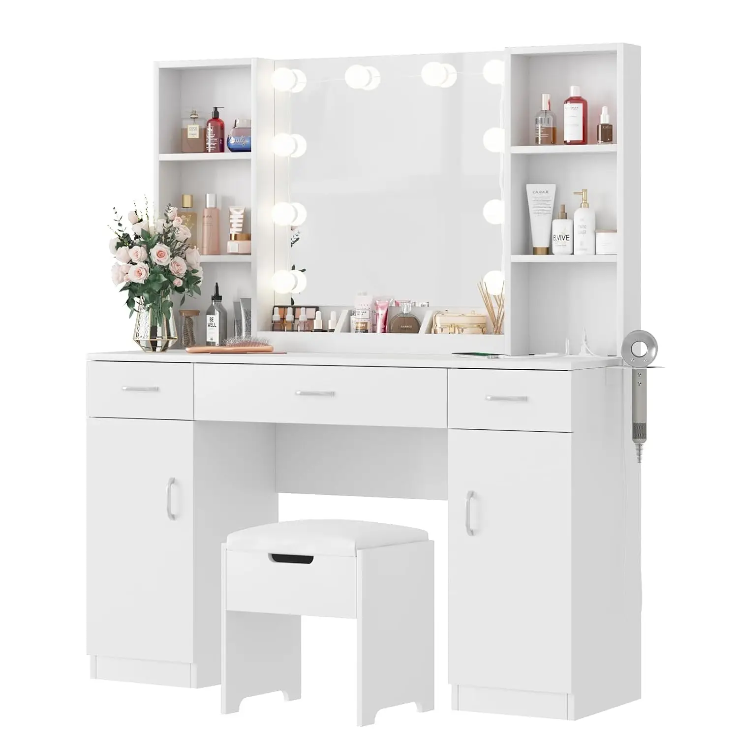 Vanity Table with Lighted Mirror & Power Strip, Desk with Storage Stool, 3 Lighting Modes, 45.2in, Customized
