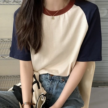 AOSSVIAO 여성용 반팔 티셔츠, 턴다운 칼라, 베이지 블루, 시크, Y2k 패션, 패치워크, 2024, 여름 상의