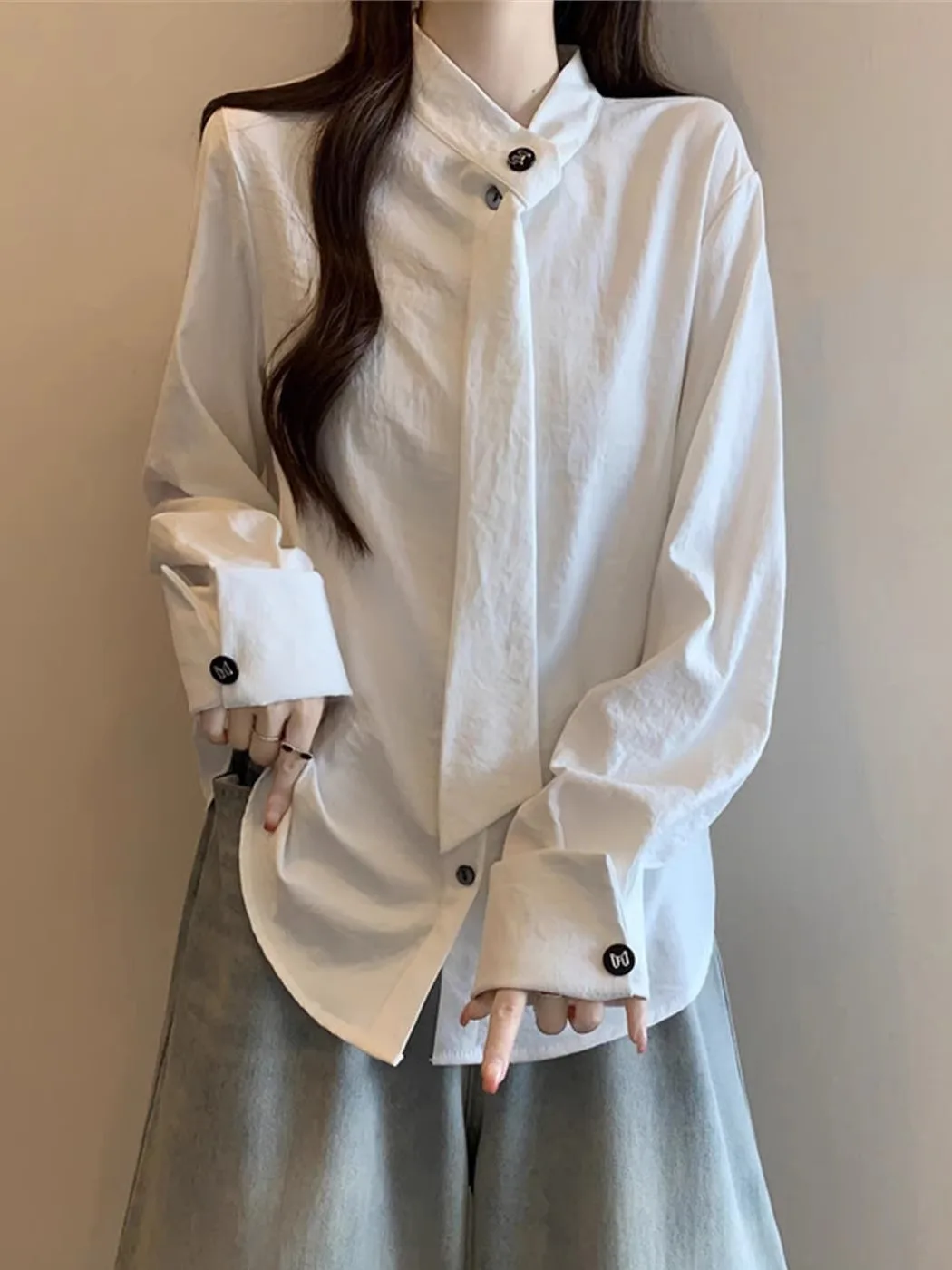 

White Slimming Long Sve irt Women's Spring 2026 Loose Fit Casual Midi Top French Sle Loose irt with Sa for plus Size