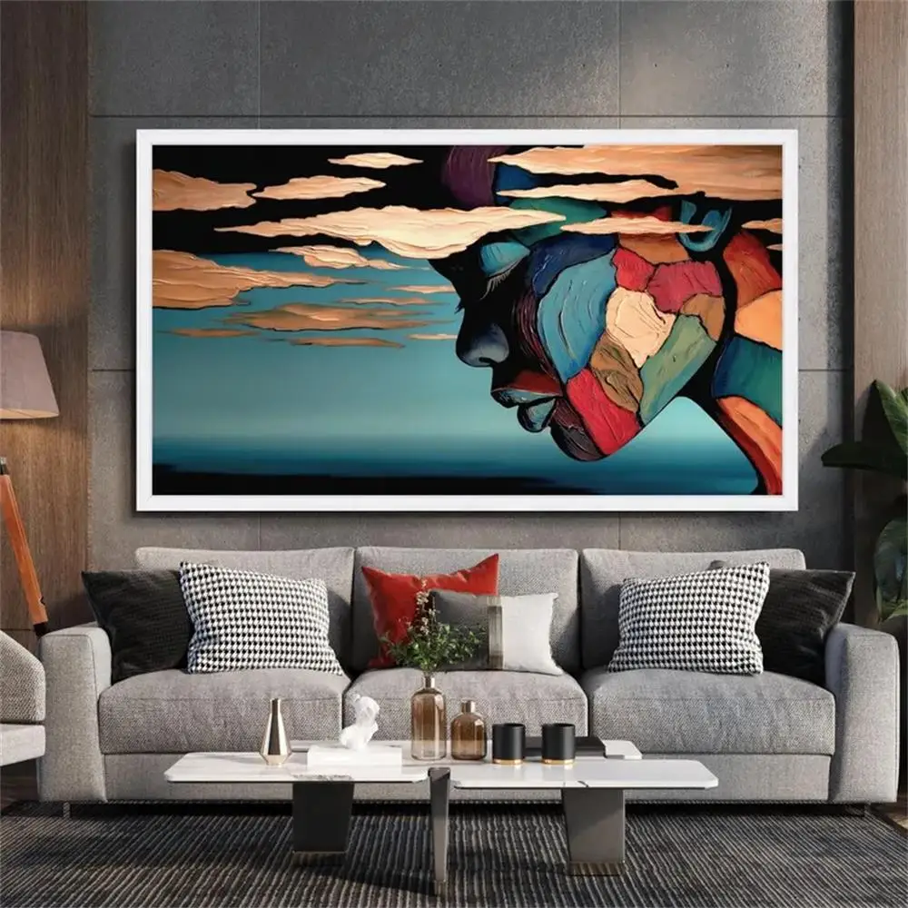 Large Frameless Canvas Wall Art,Abstract African Woman Canvas Wall Art Colorful Cubist Portrait Canvas Painting Modern Ethnic Fi