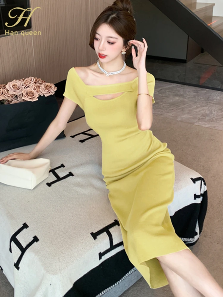 H Han Queen Summer Clothes Women 2024 Simple Vintage Dresses Office Bodycon Pencil Sheath Midi Dress Slim Elegant Chic Vestidos